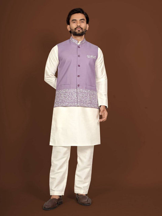 House of Kurtas men nehru jacket,kurta and pants set Lavender Front View