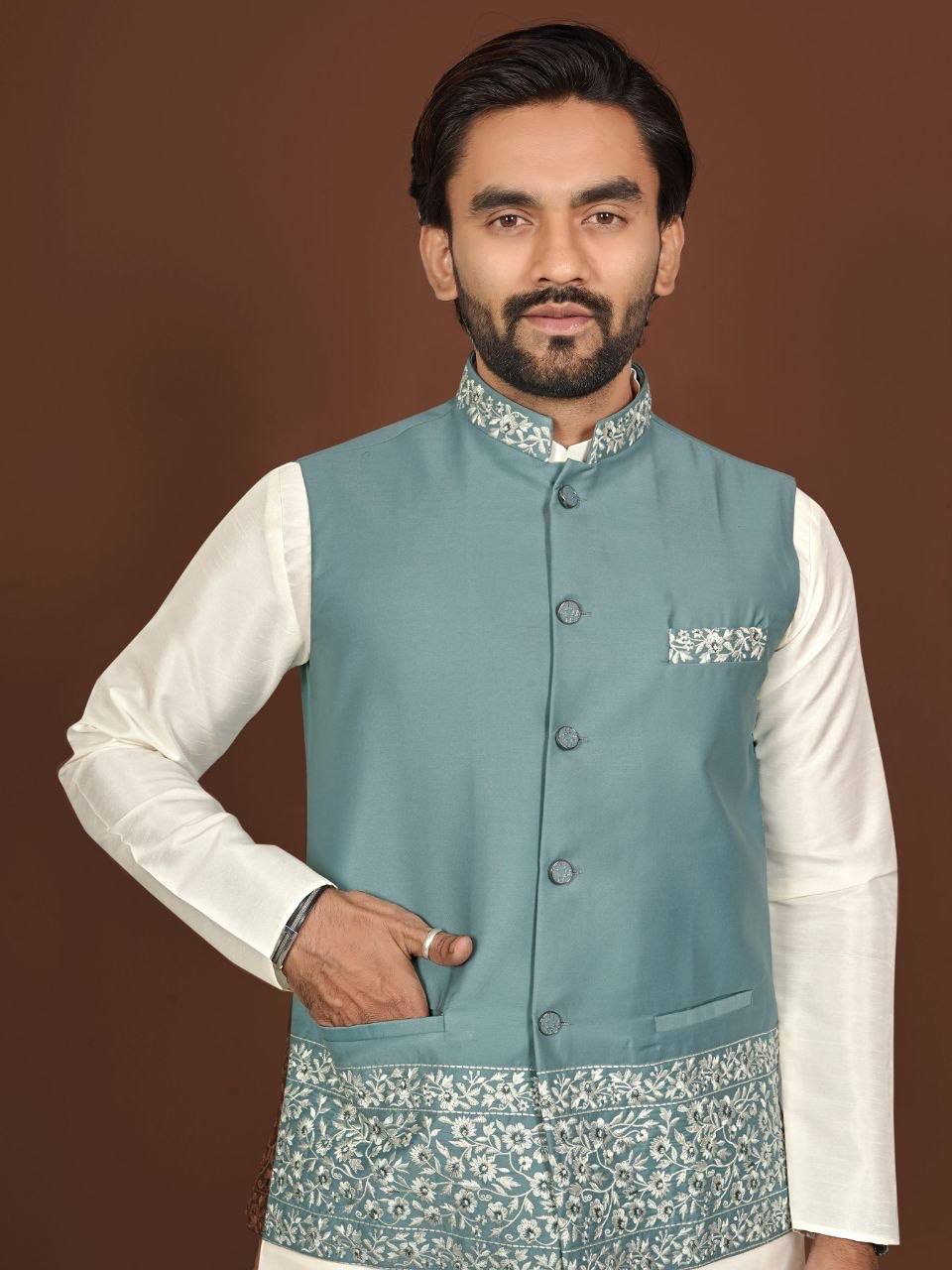 House of Kurtas men nehru jacket,kurta and pants set Teal Detail