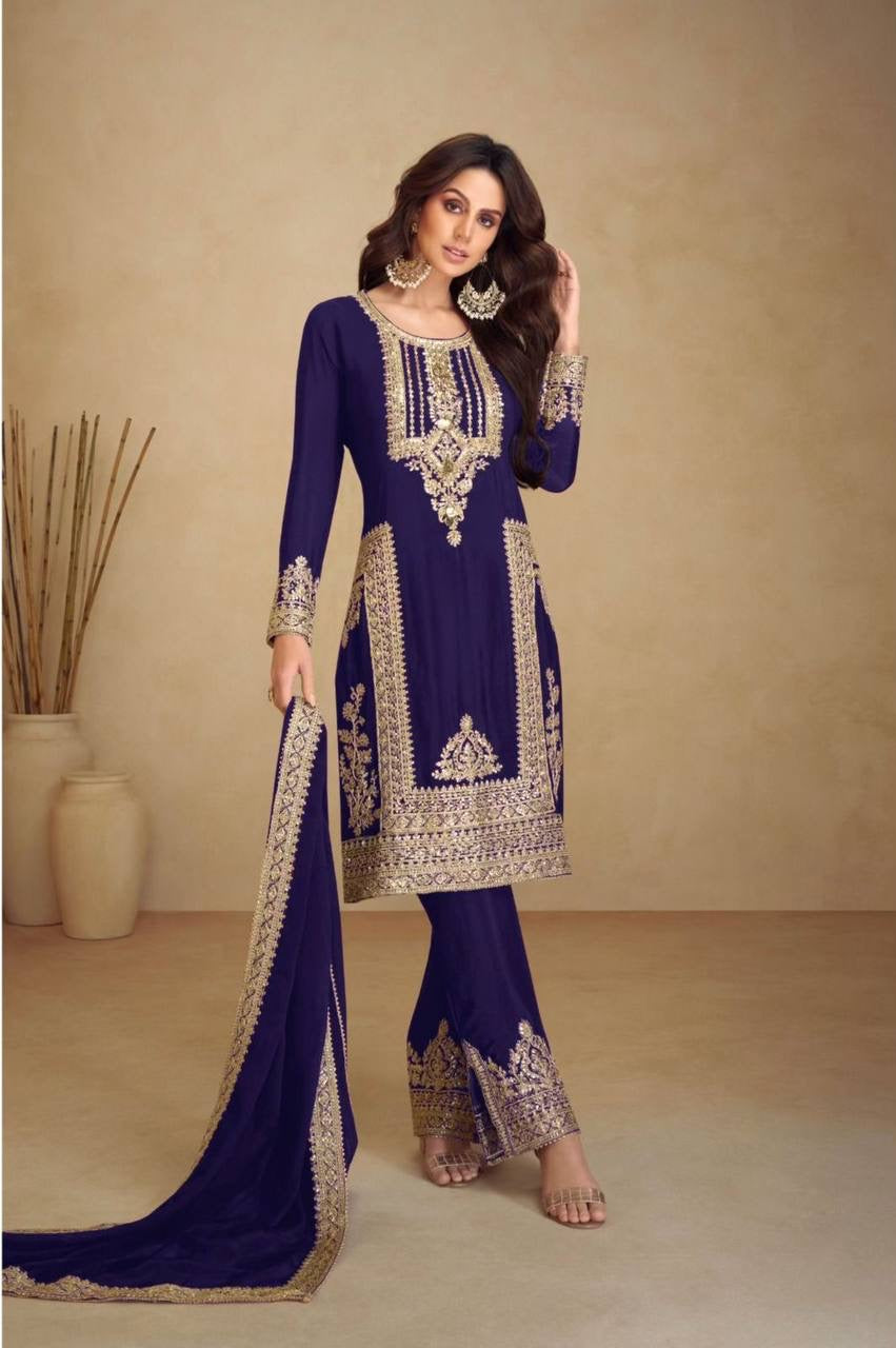 Blue Chinon Embroidered Kurti Set with Dupatta