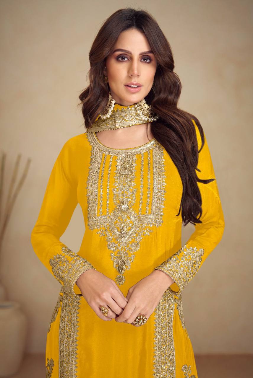 Yellow Chinon Embroidered Kurti Set with Dupatta