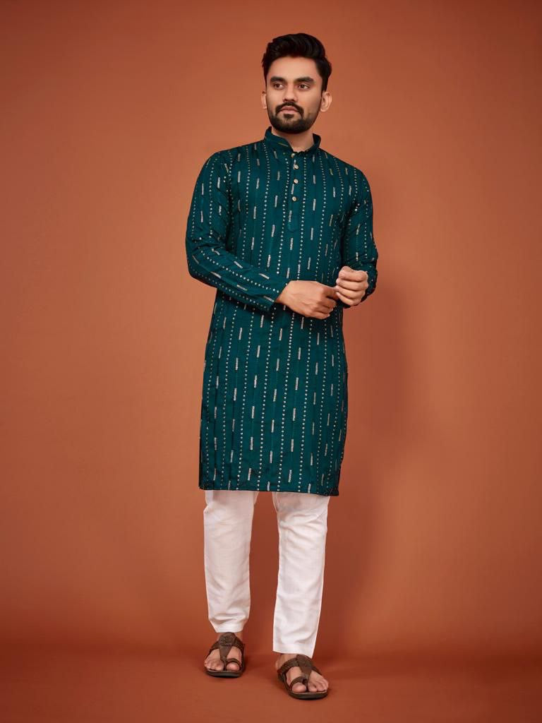 Cotton Embroidered Kurta with Pyjamas - Teal