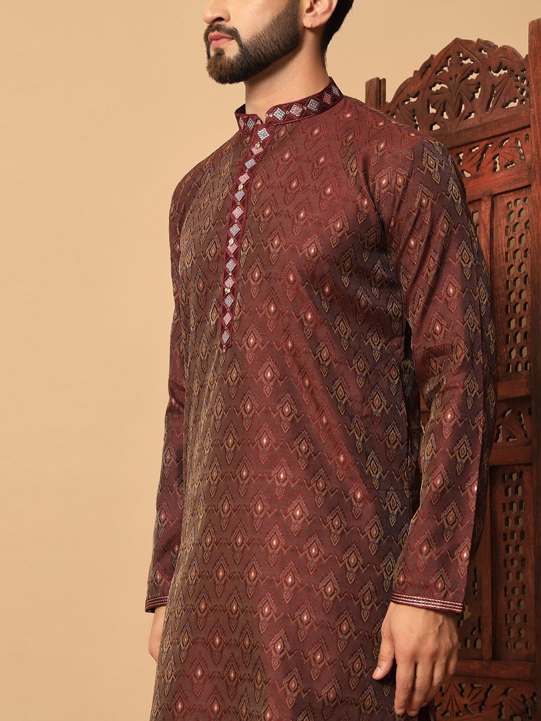 Maroon Jacquard Designer Kurta with Pants