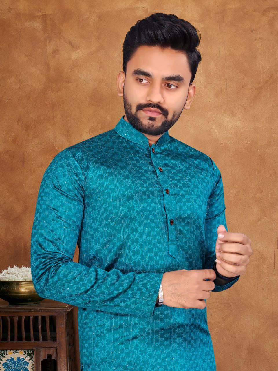 Jacquard Silk Kurta with Pyjamas - Multicolor