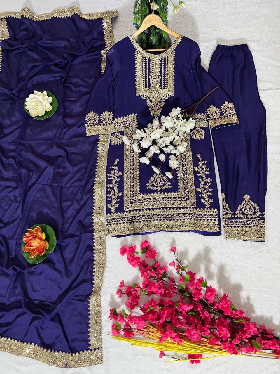 Blue Chinon Embroidered Kurti Set with Dupatta