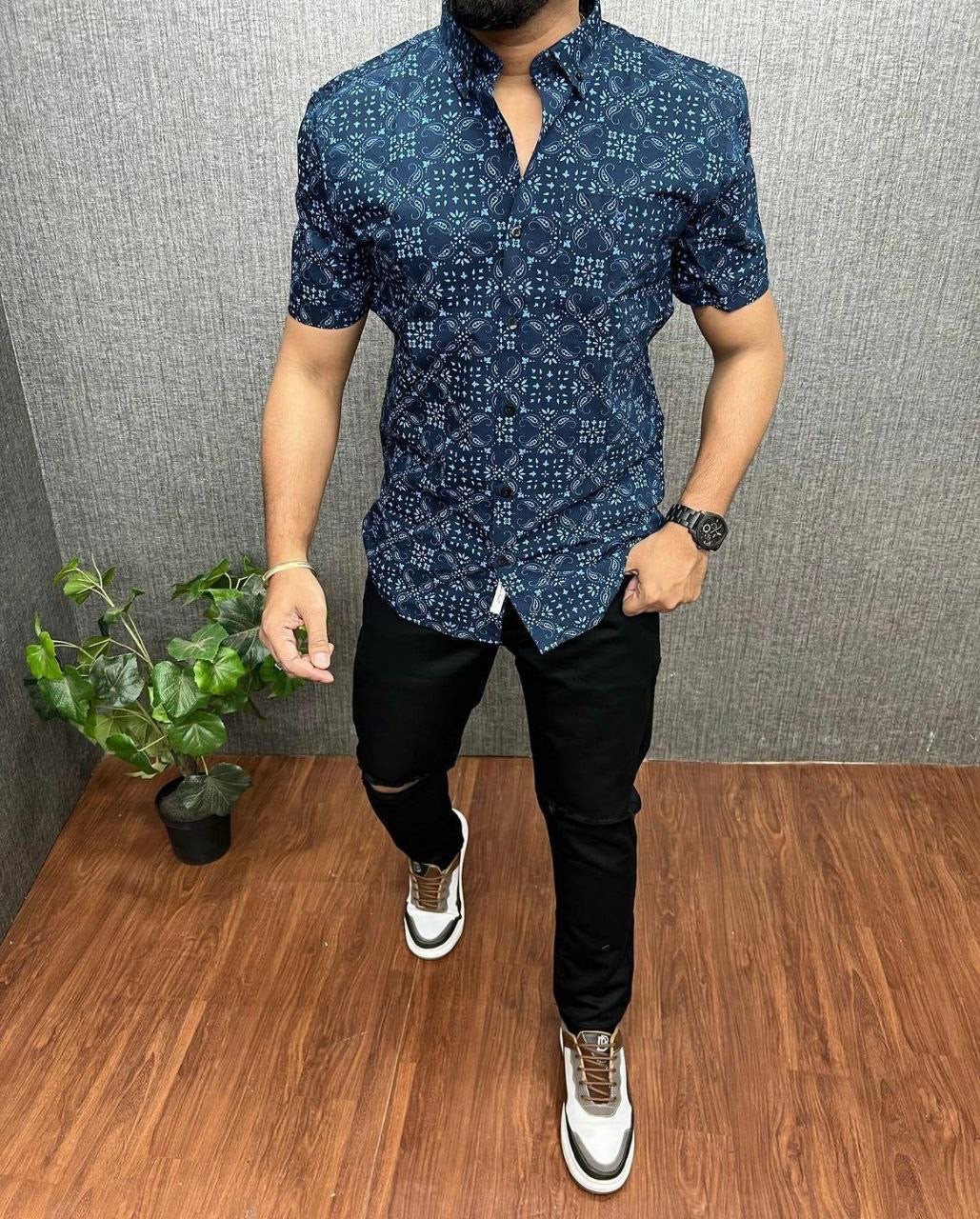 Men Floral  Short Sleeves Shirt - Blue