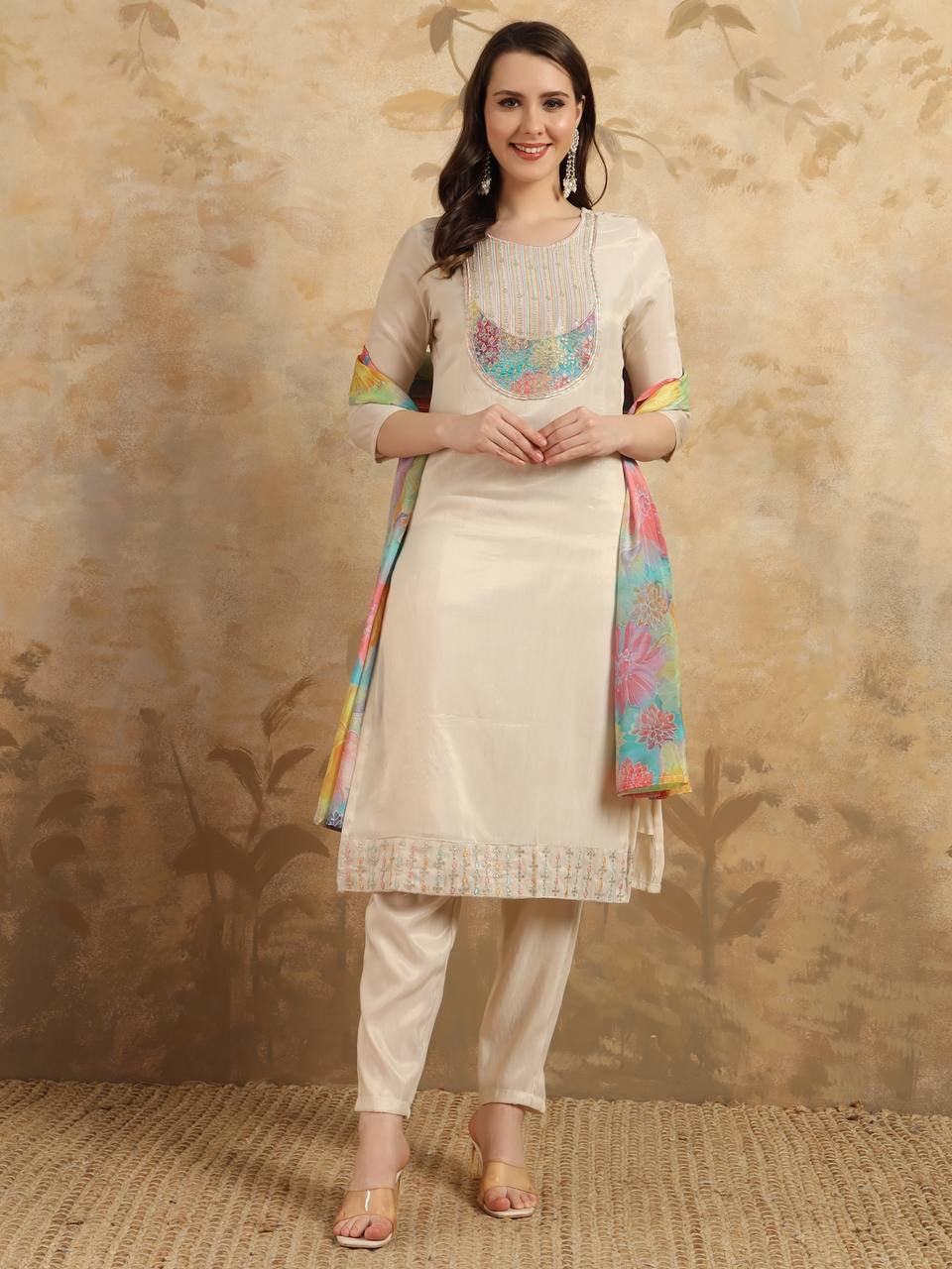 Cream color Women Kurti with Pants & Dupatta