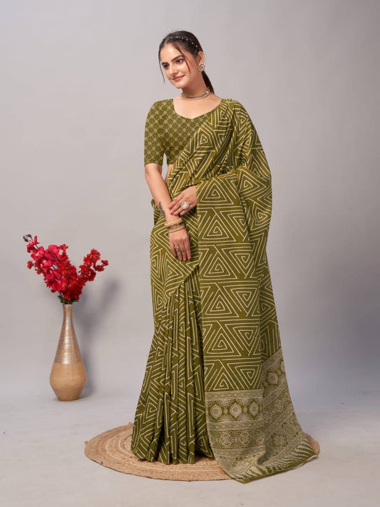 Green Geometric printed Saree