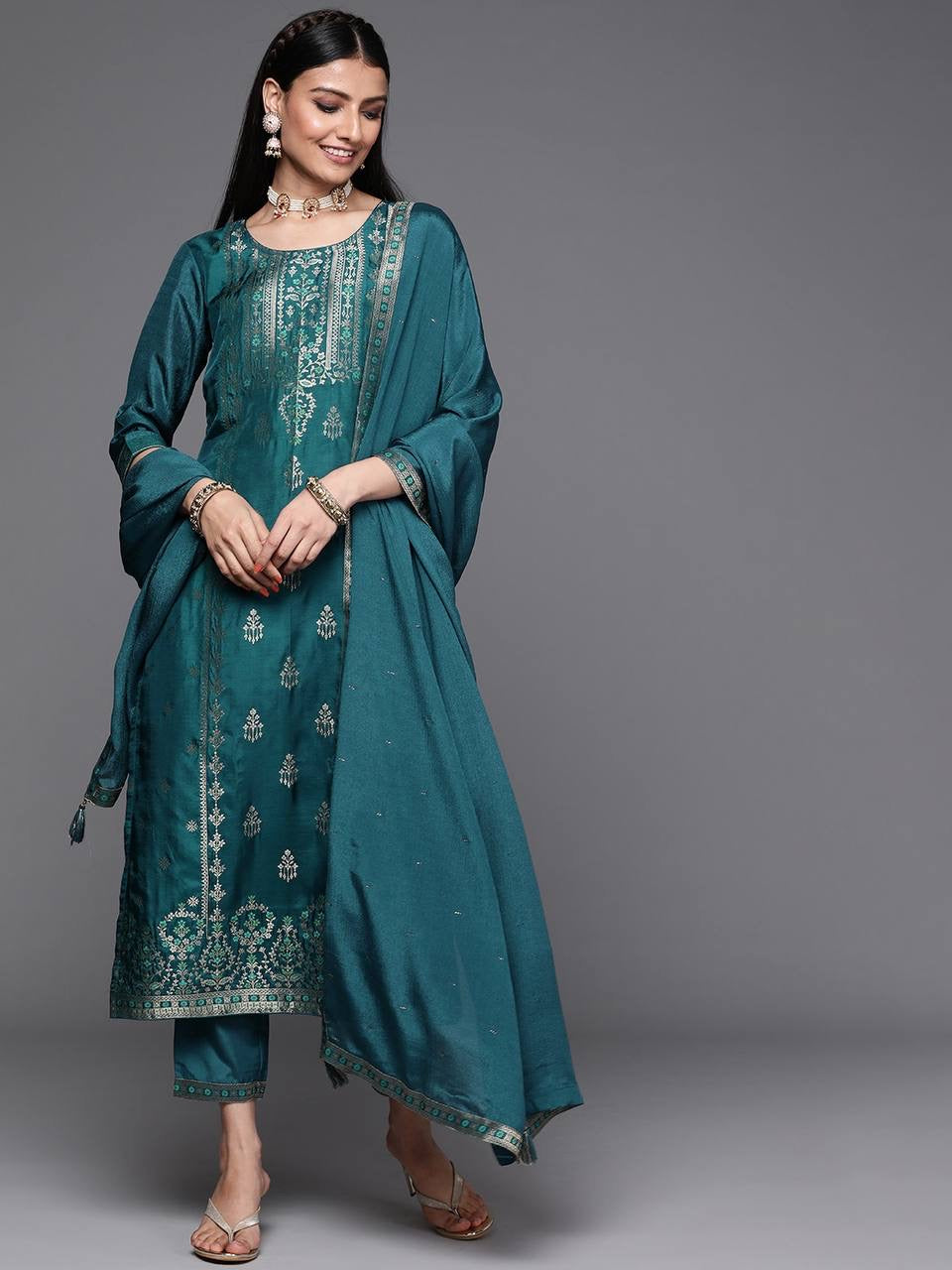 Teal Women Kurti & Pants with Dupatta Set