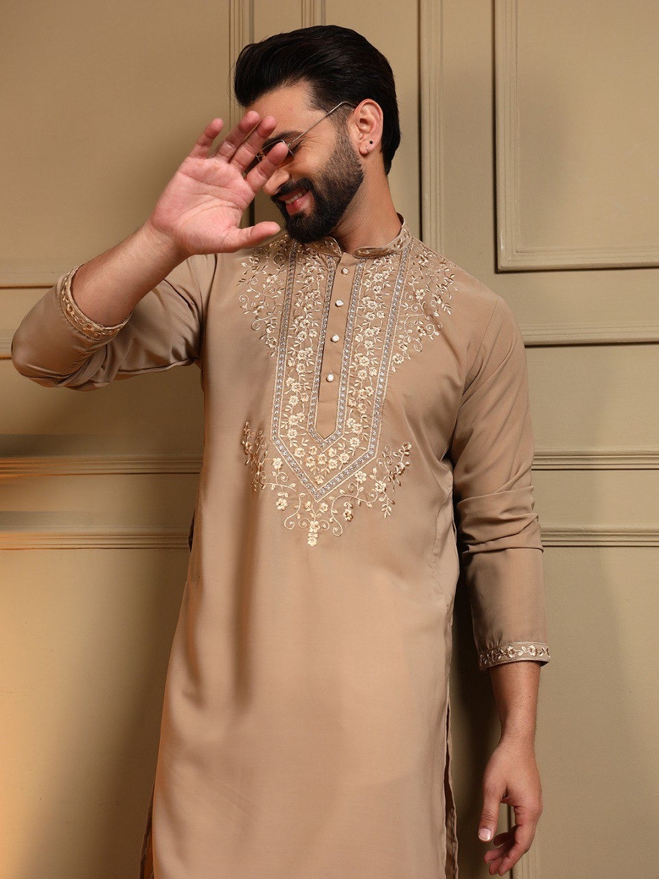 Men's sequin embroidered kurta pants set by HOUSE OF KURTAS, featuring intricate embroidery and stylish traditional attire.