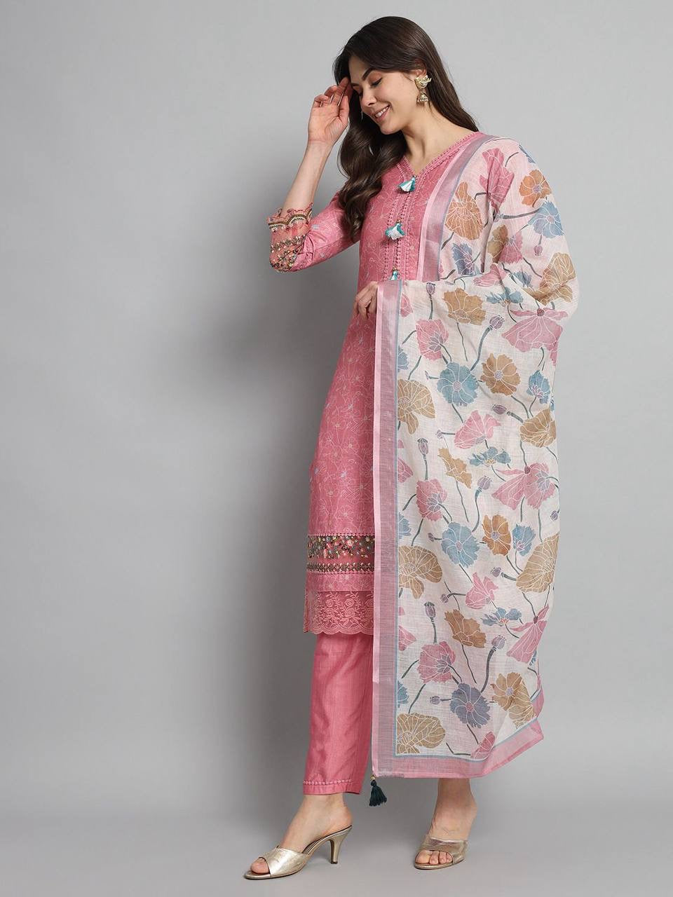 Pink Embroidered Straight Kurti & Pants with Dupatta Set