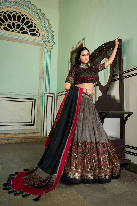 Kashmiri Print Tussar Silk Lehenga Choli with Foil Work