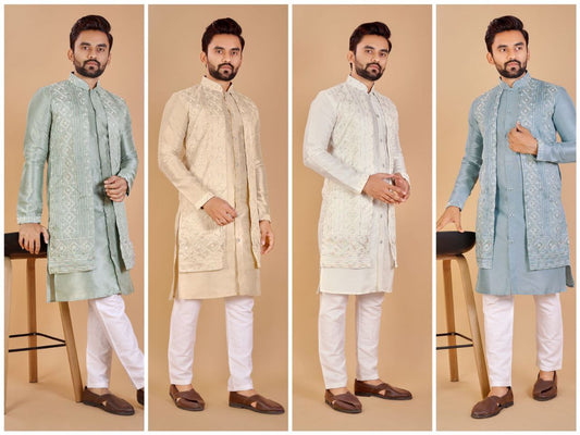 Men Kurta Pyjamas Set with attached Jacket