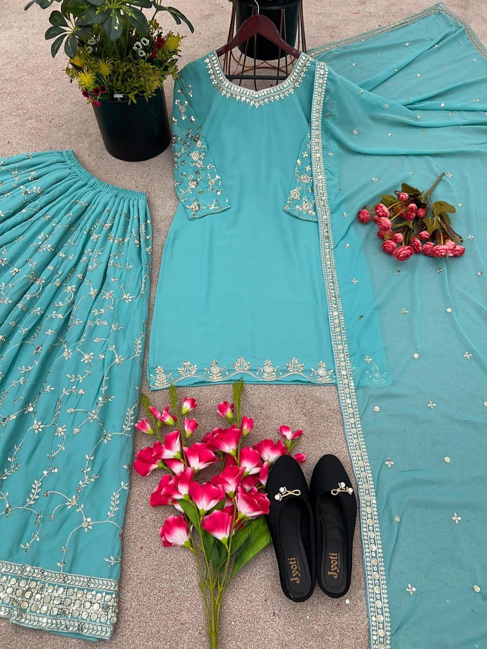 Sequin Embroidered Georgette Ensemble with Palazzo Pants and Lace Dupatta