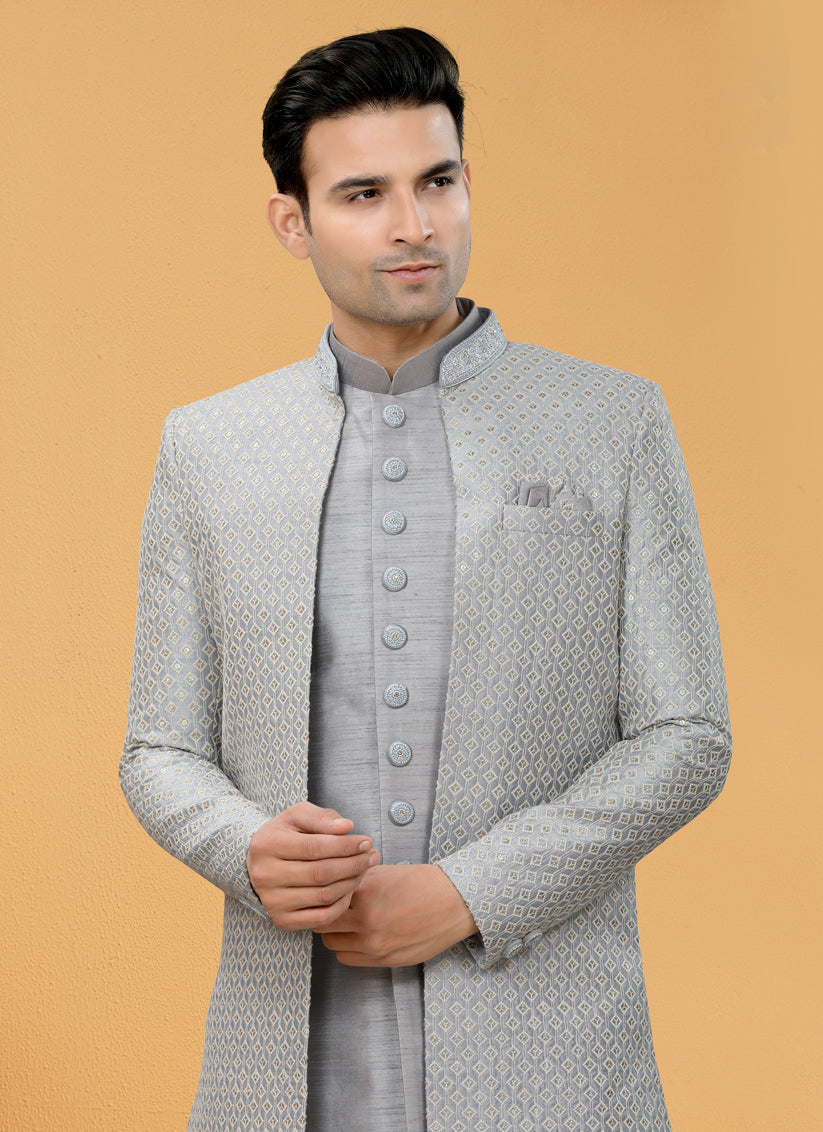 Embroidered Art Silk Indo Western Sherwani -Silver