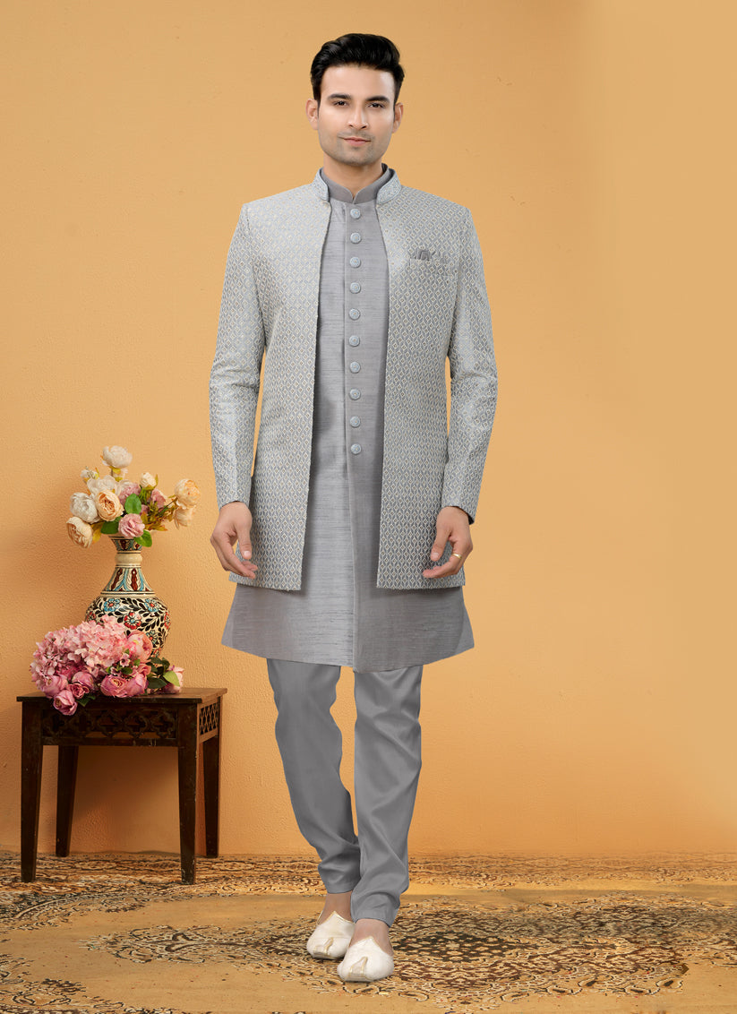 Embroidered Art Silk Indo Western Sherwani -Silver