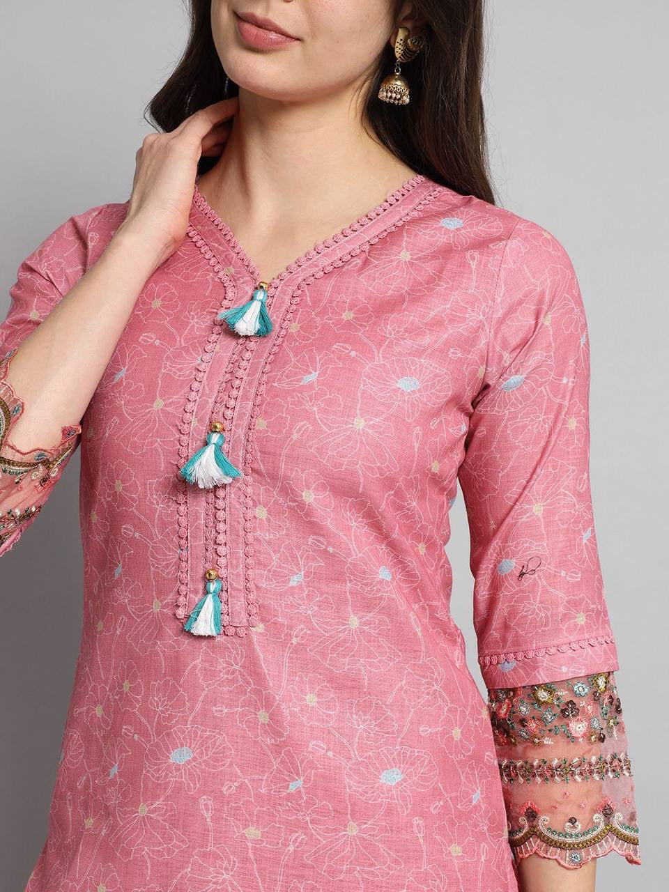 Pink Embroidered Straight Kurti & Pants with Dupatta Set