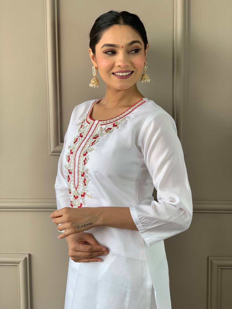 White Kurti with Red Dupatta Set