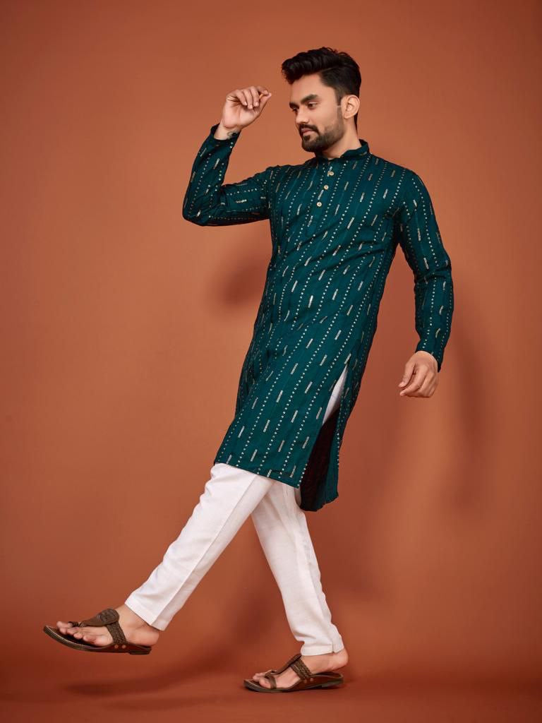 Cotton Embroidered Kurta with Pyjamas - Teal