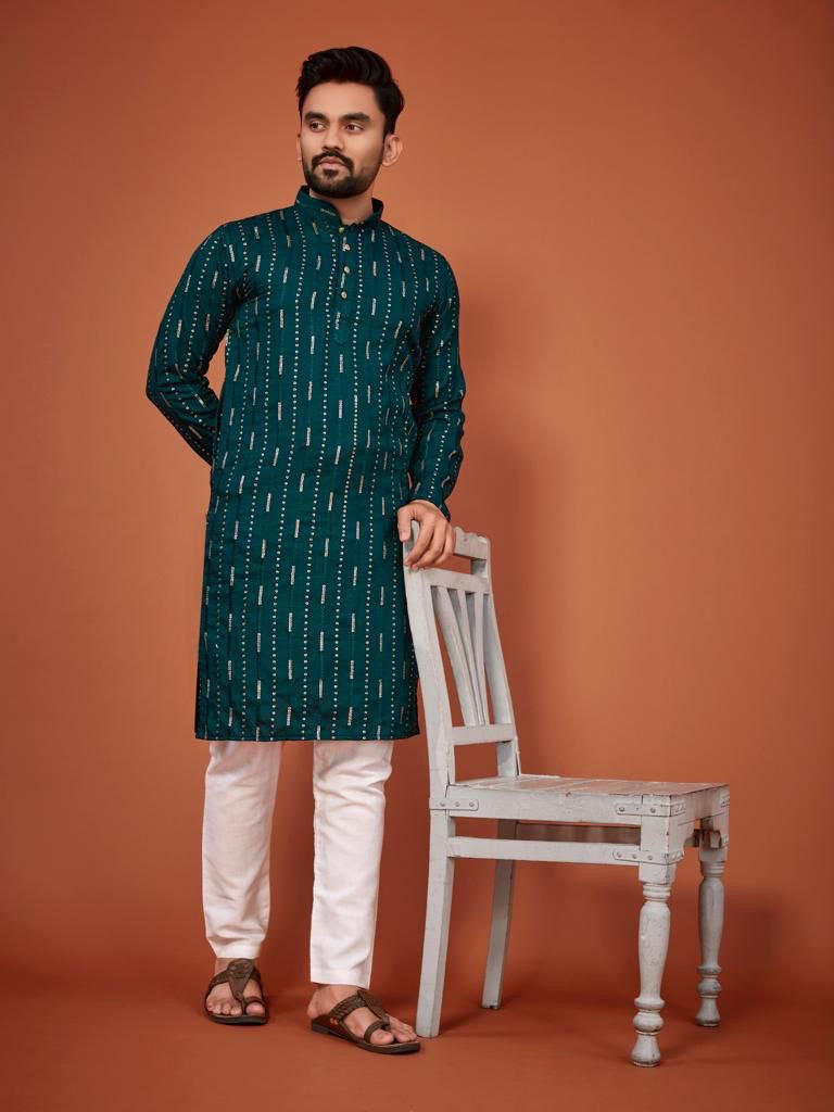 Cotton Embroidered Kurta with Pyjamas - Teal