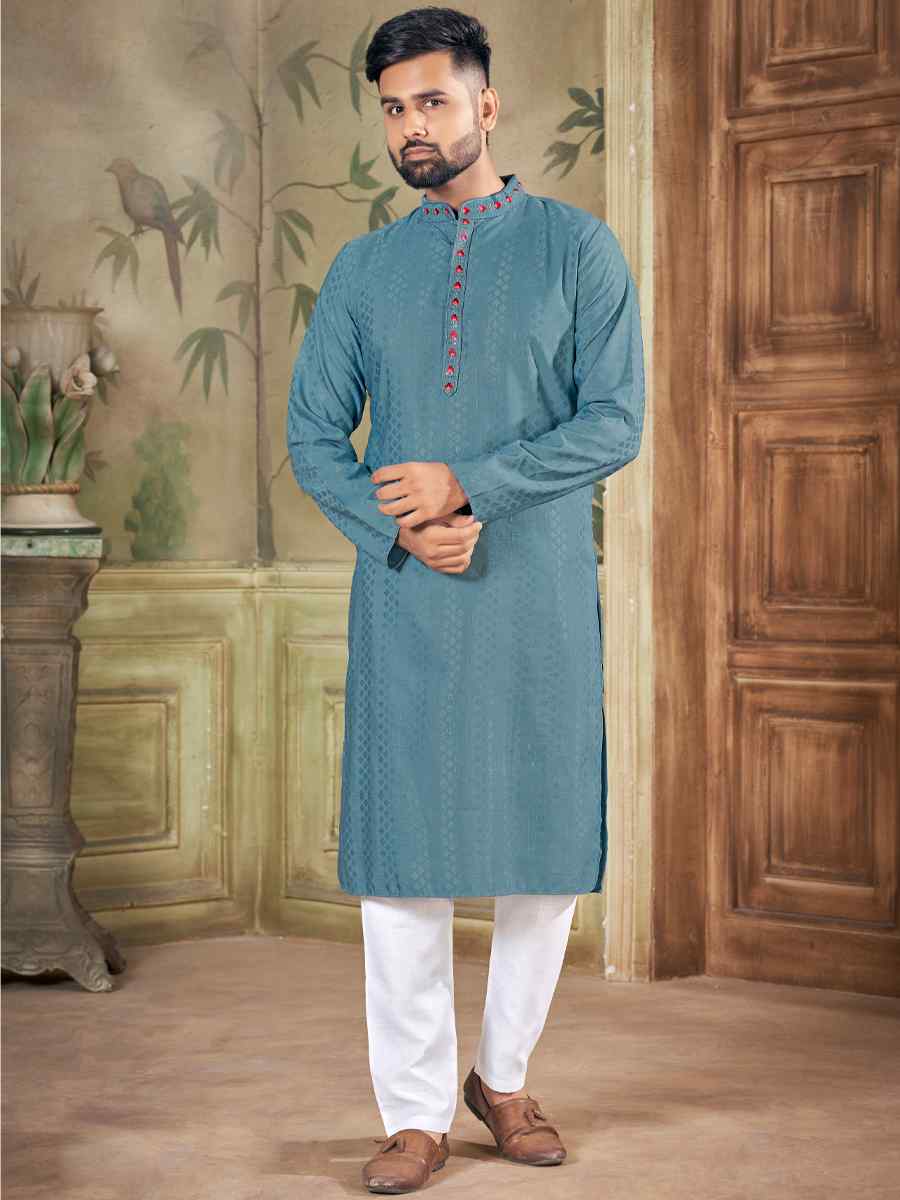 Anantam Greyish Blue Pure Viscose Embroidered Kurta Set