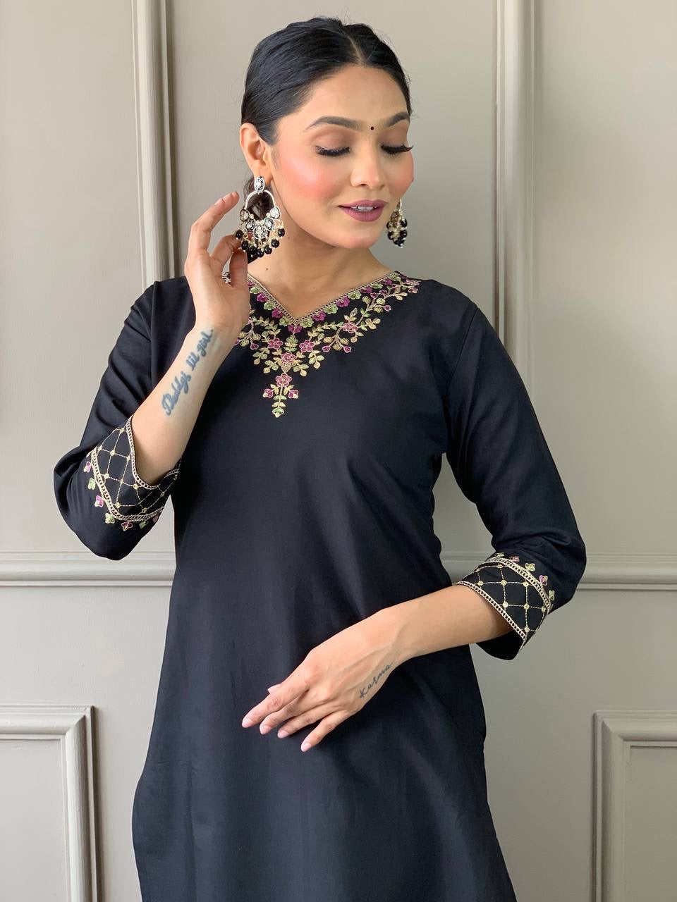 Black Viscose Embroiderd Readymade Kurti Suit