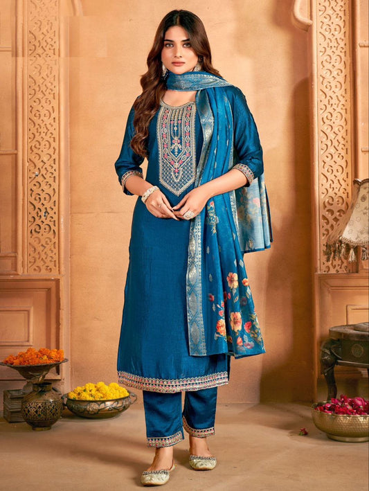 Blue Vichitra Kurti Set