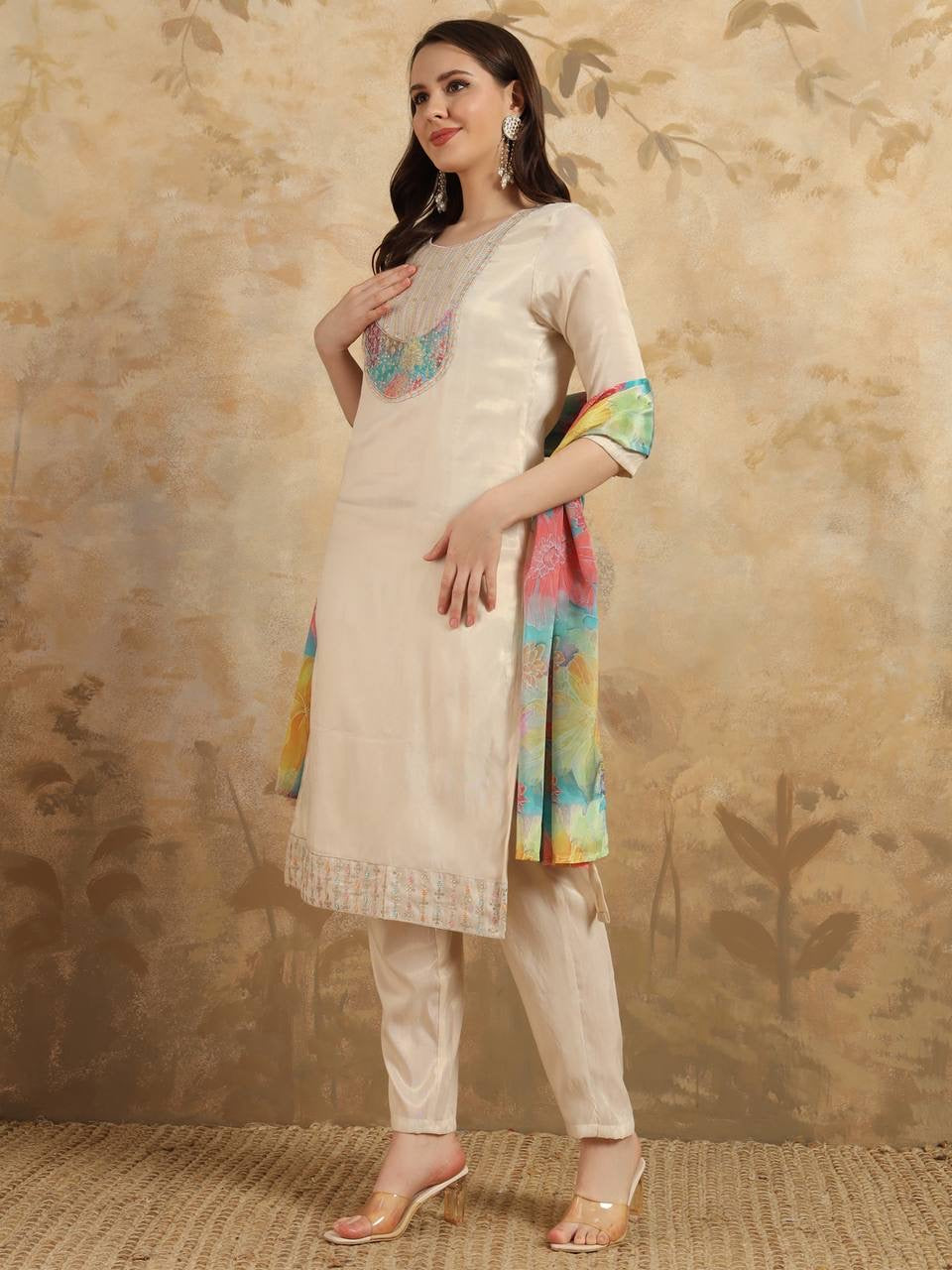 Cream color Women Kurti with Pants & Dupatta