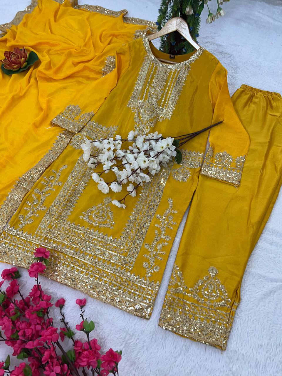 Yellow Chinon Embroidered Kurti Set with Dupatta