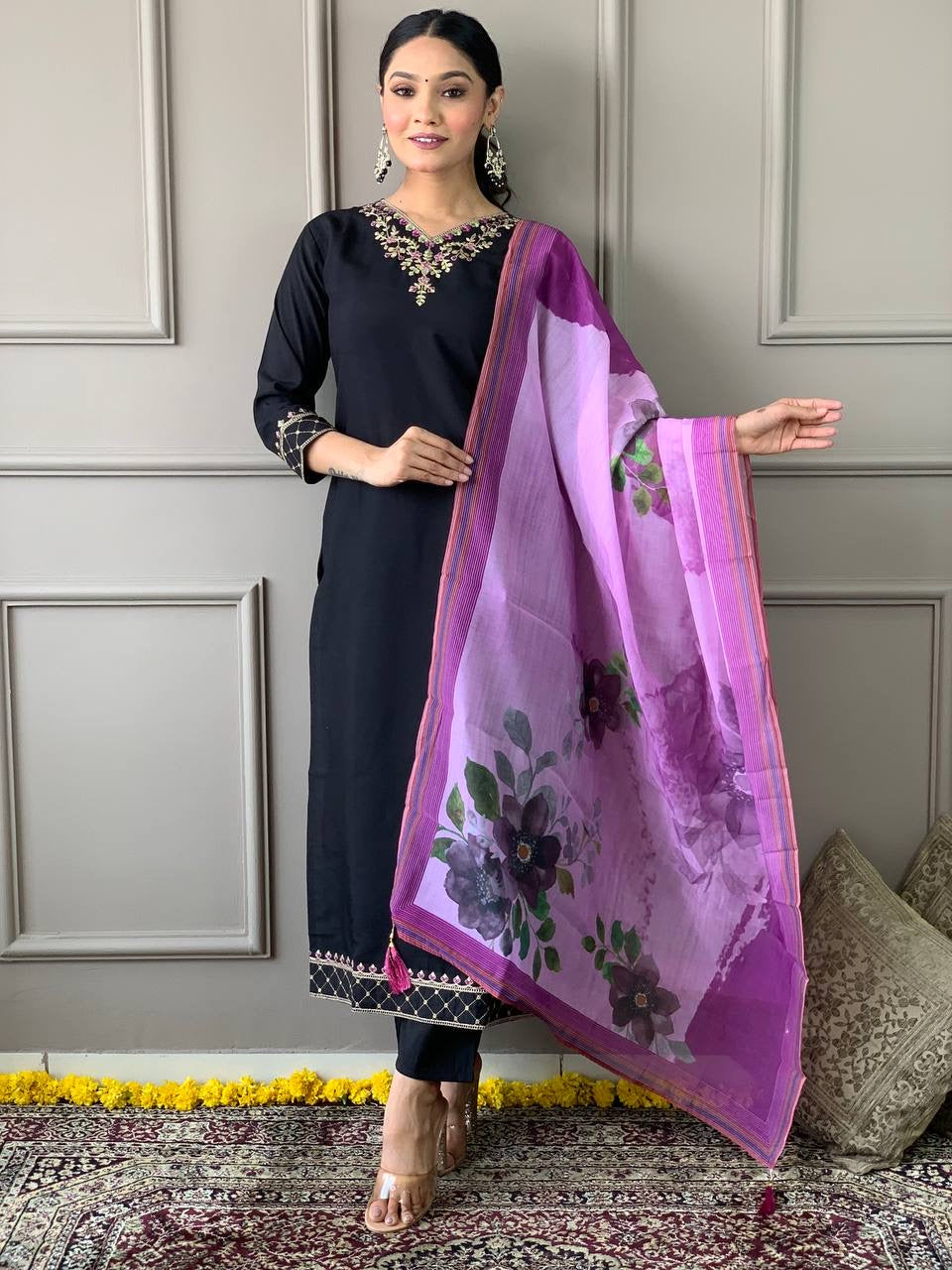 Black Viscose Embroiderd Readymade Kurti Suit