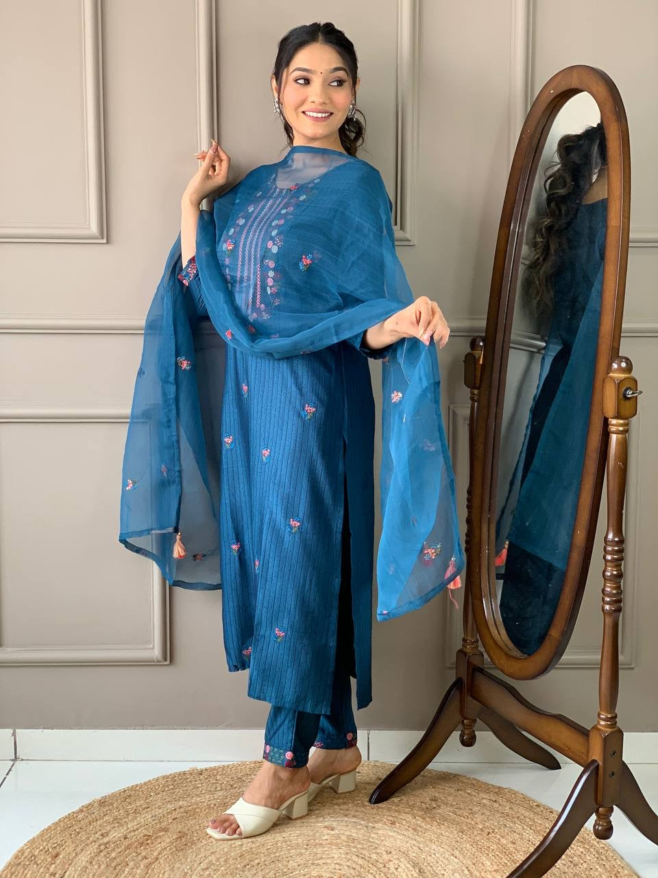 Blue Ready Made Kurti with Pants & Dupatta