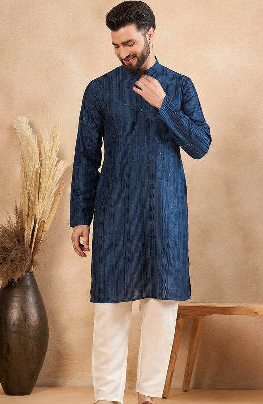 Navy Blue Embroidered Men Kurta Set