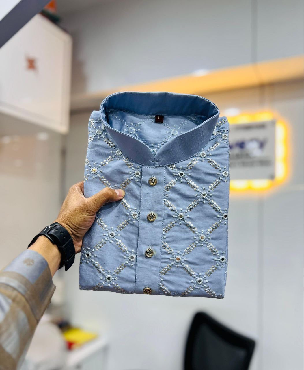 Men Mirror work Kurta with Pants - HOUSE OF KURTAS