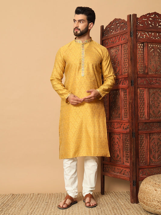 Yellow Jacquard Designer Kurta with Pants