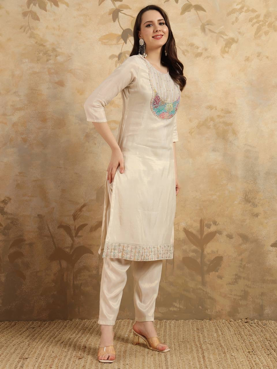 Cream color Women Kurti with Pants & Dupatta