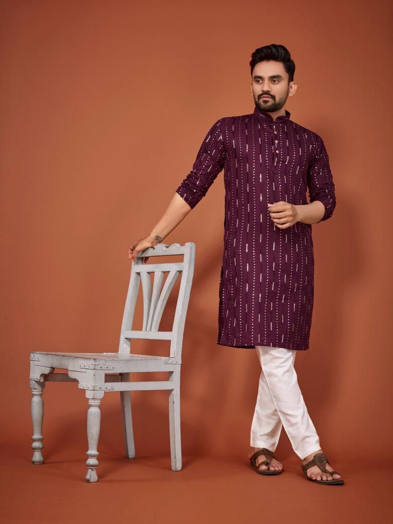 Cotton Embroidered Kurta with Pyjamas - Purple