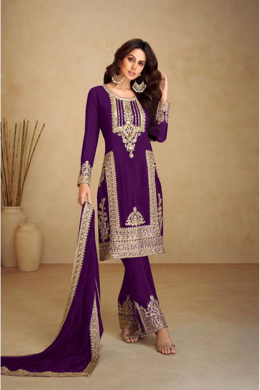 Violet Purple  Chinon Embroidered Kurti Set with Dupatta