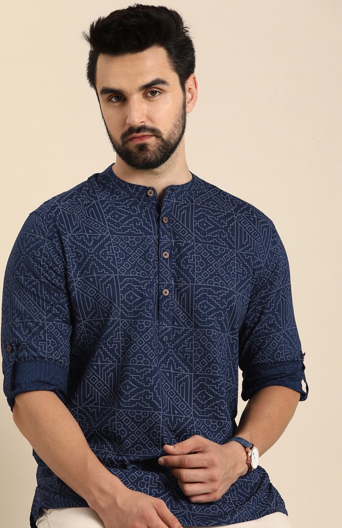 Geometric Printed Indigo Cotton Short Kurta