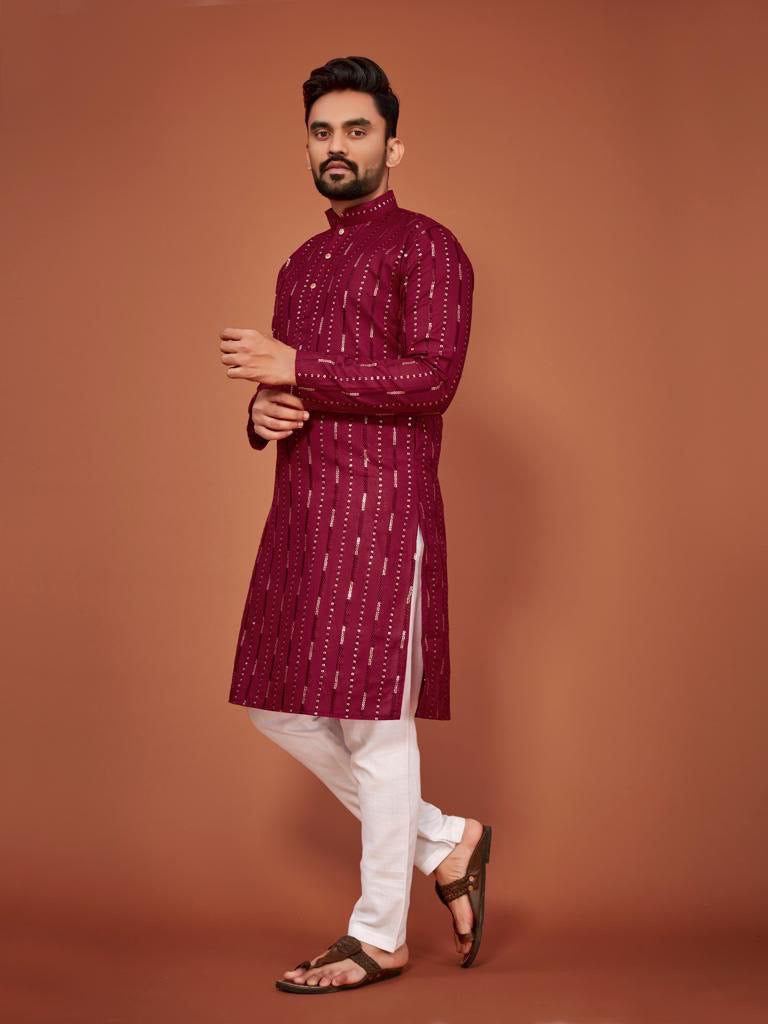 Cotton Embroidered Kurta with Pyjamas - Red