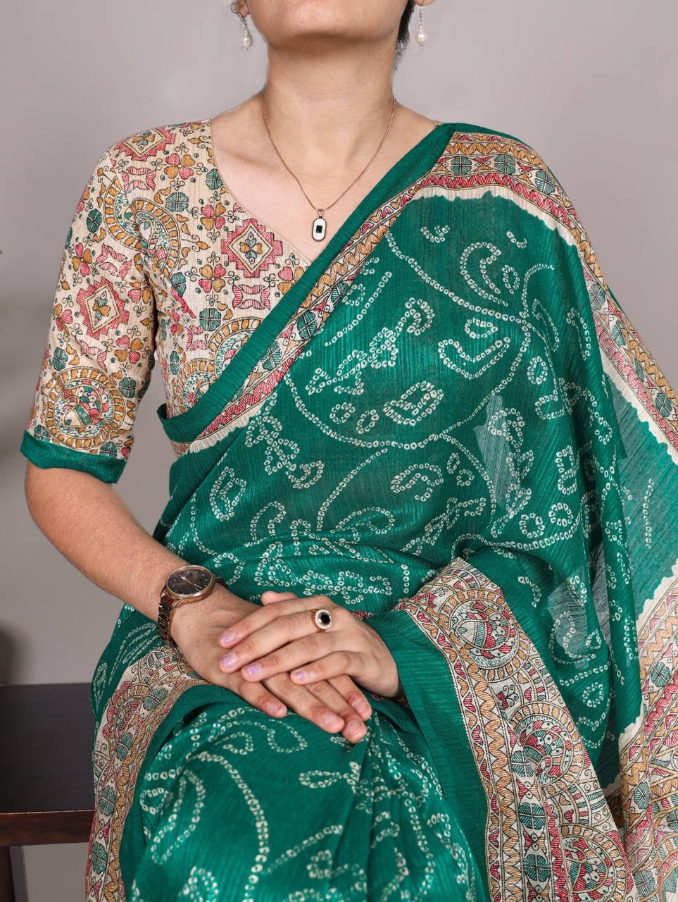 Green Bandhani work Saree