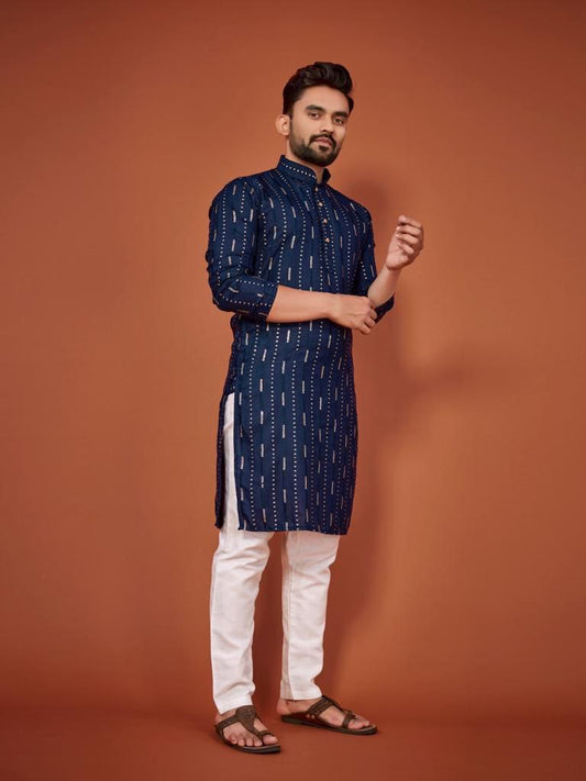 Cotton Embroidered Kurta with Pyjamas - Blue