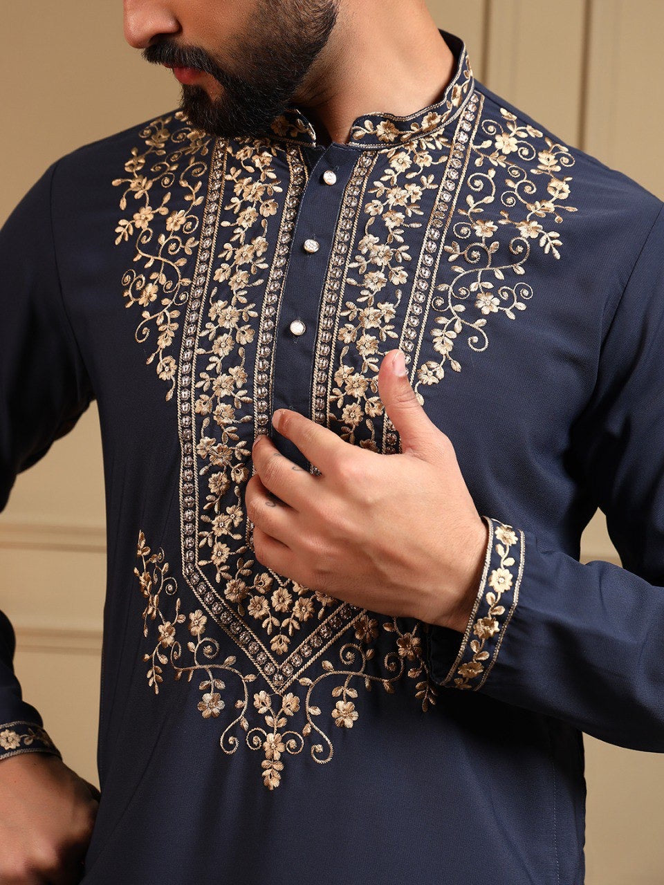 Men's sequins embroidered kurta and pants set by HOUSE OF KURTAS, featuring intricate embroidery and a stylish traditional design.