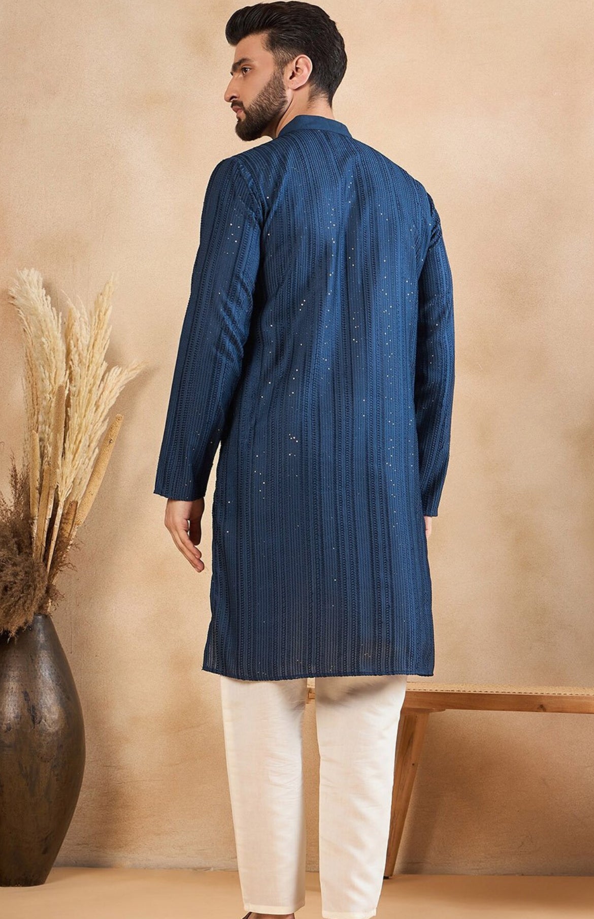 Navy Blue Embroidered Men Kurta Set