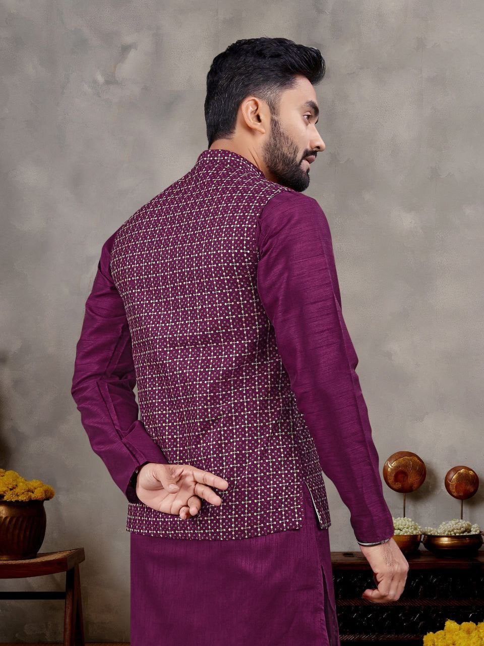 Purple Nehru Jacket Kurta with Pants for Wedding Season