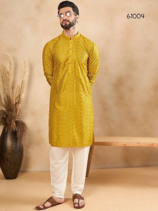 Embroidered Men Yellow Kurta Set