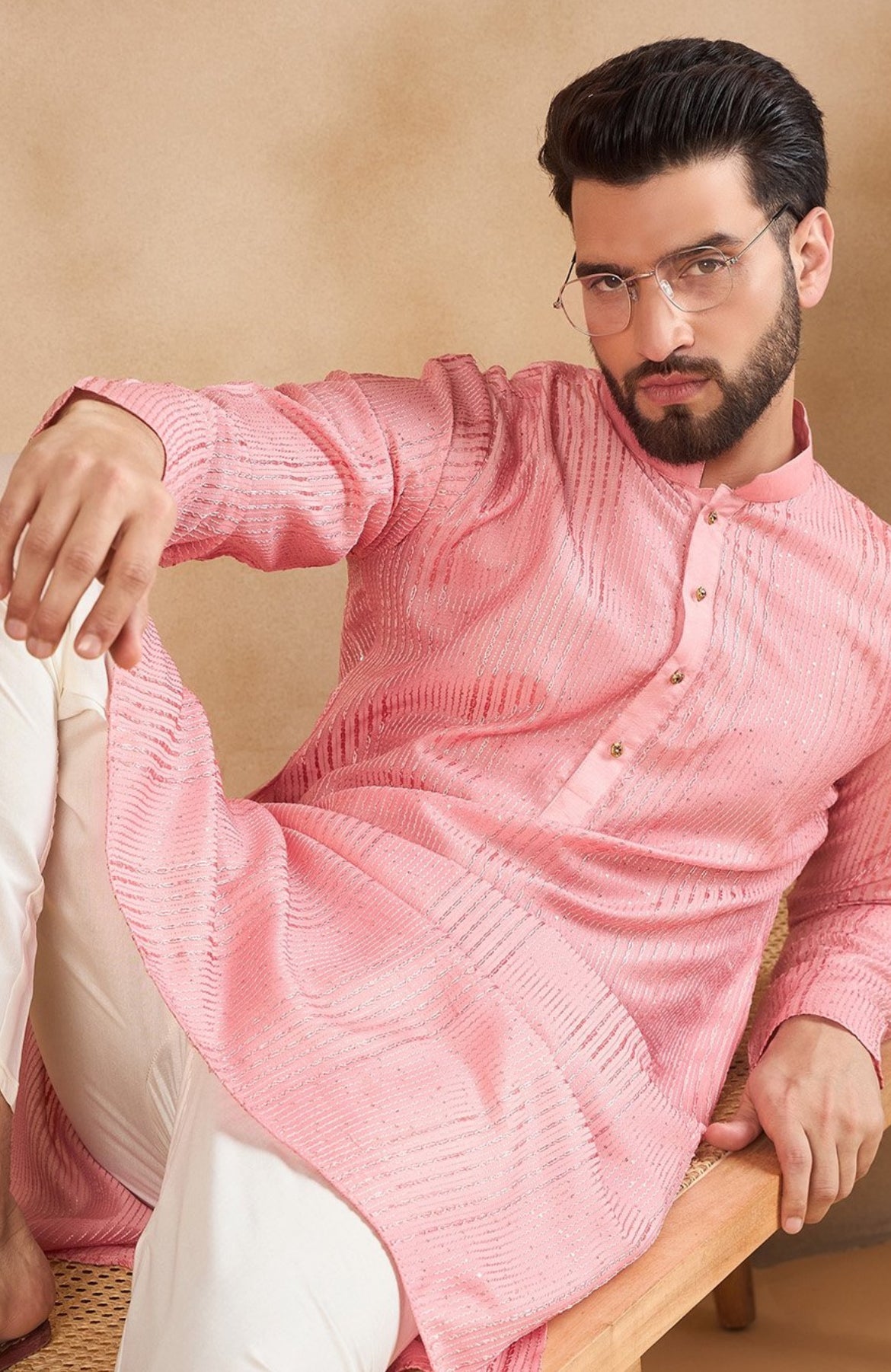 Pink Embroidered Men Kurta Set