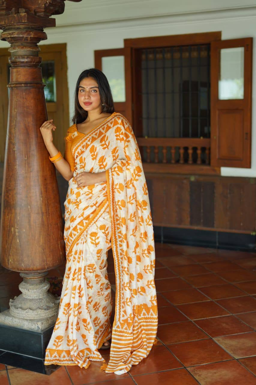 Chanderi Cotton Saree with Block Prints