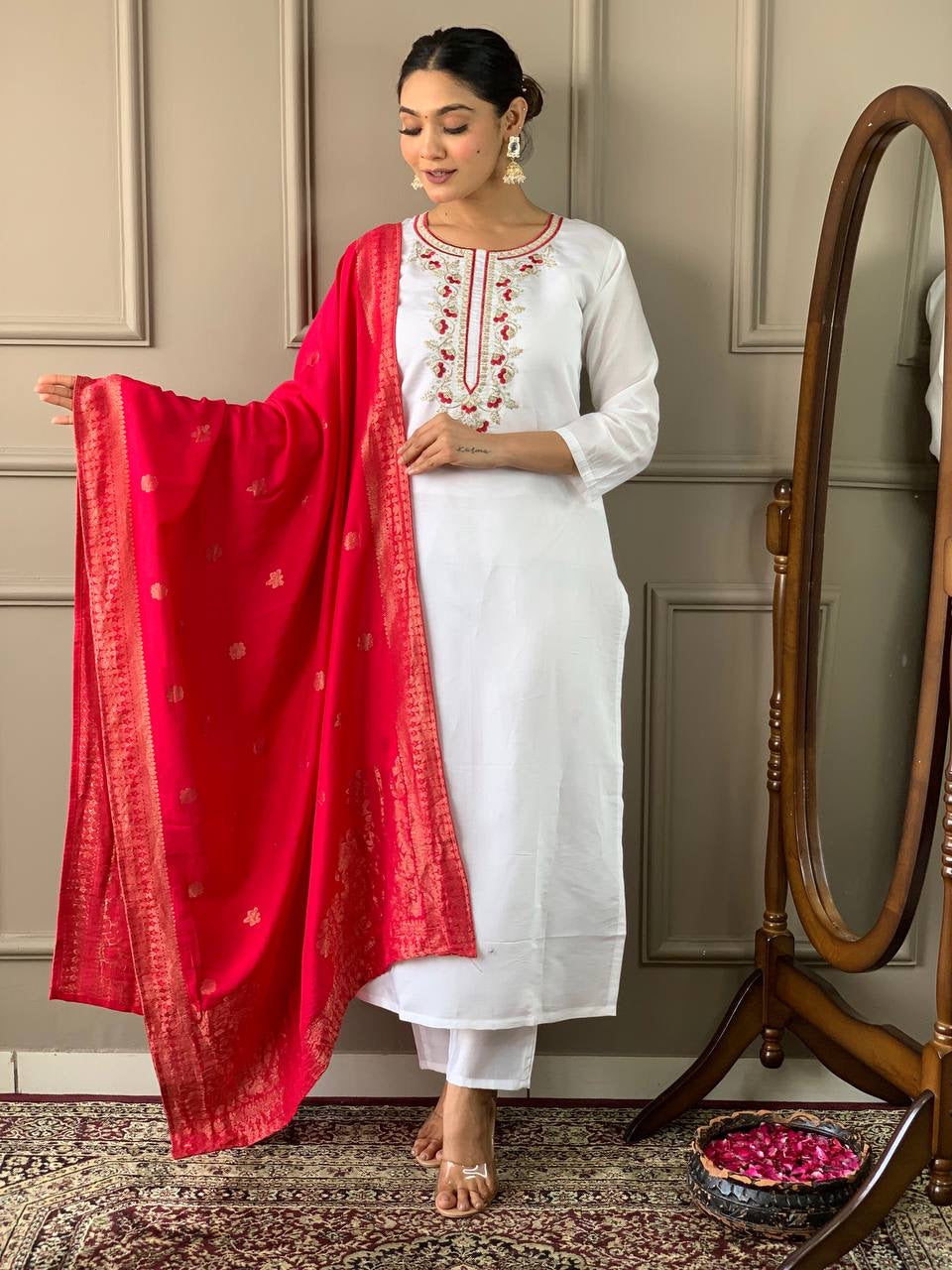 White Kurti with Red Dupatta Set