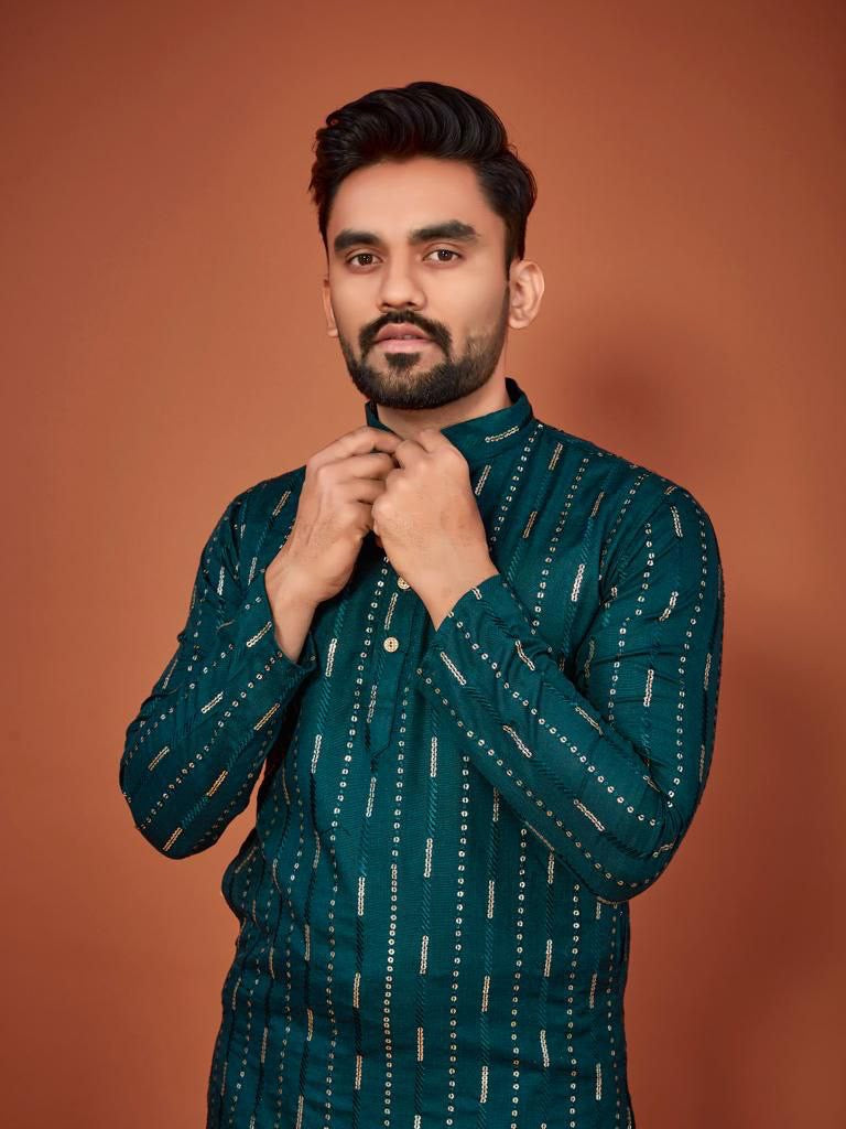 Cotton Embroidered Kurta with Pyjamas - Teal