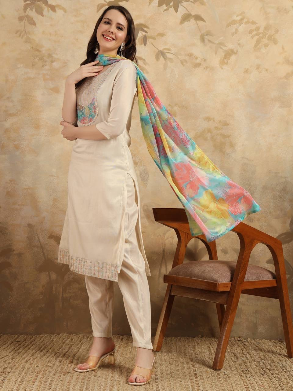 Cream color Women Kurti with Pants & Dupatta