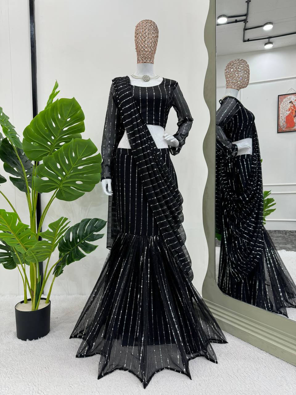 Black Ready-to-Wear Lycra Lehenga Saree with Drape Style